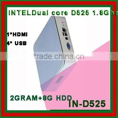 MINI PC with HDMI IN-D525 with inner cooling fan dual core D525 1.8Ghz 2G RAM 8G SSD HDMI Optical port