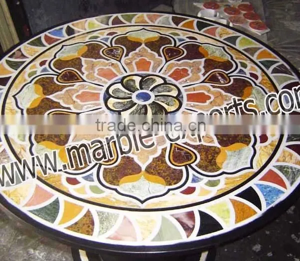 Round Marble Stone Inlaid Antique Table Top Hand Crafted Art Work