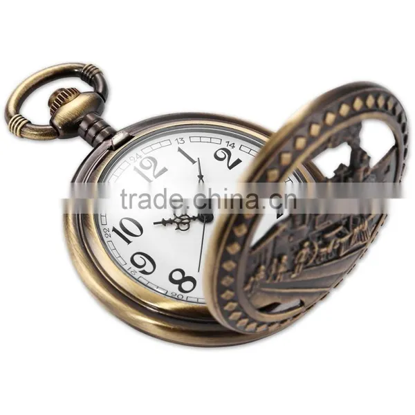 Bronze Steam Train Men Analog Necklace Chain Pocket FOB Quartz Watch photo-2
