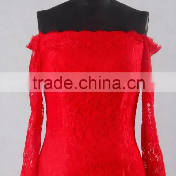 J--0095 Red Big Ass Picture of Evening Dress Sexy French Lace Long Sleeve off Shulder Mermaild Wedding Dress photo-3