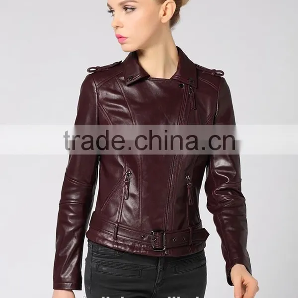 Newest German Style Lady Pure Lambskin Trendy Red Wine Leather Jacket photo-3