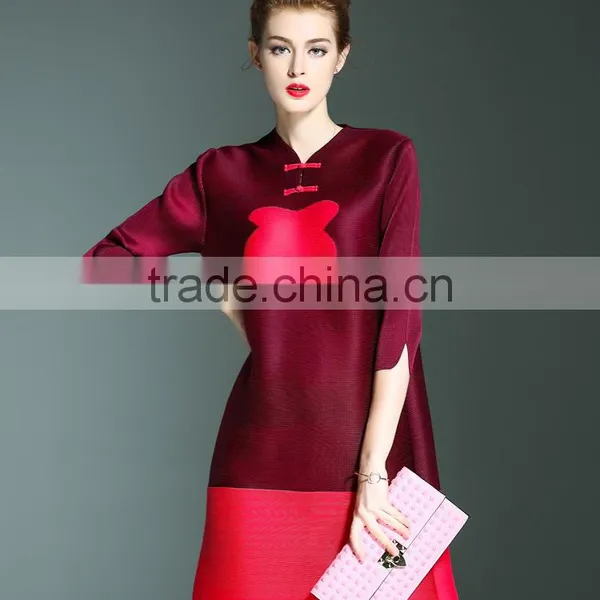 Retro Pleat Chinoiserie Printed Ladies Large Size Dress With Two Buttons photo-4
