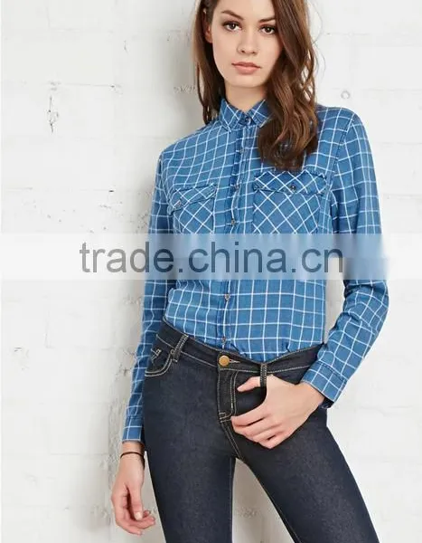 2015 Custom Women's Blue Plaid Long Sleeve 100% Cotton Flannel Shirt photo-2