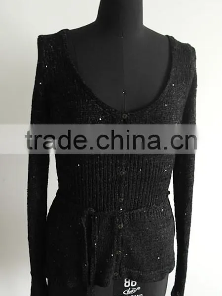 Ladies Black Sequins Yarn Knit Cardigan Sweater Factory