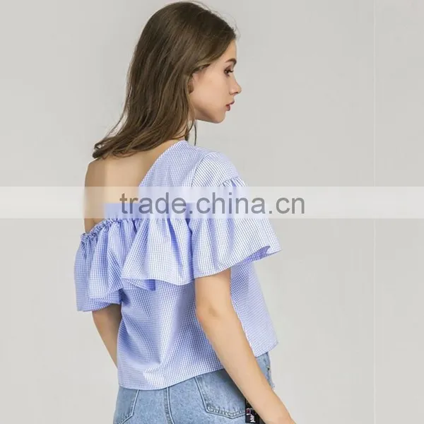HOT Style Plaid Flouncing Short Sleeve, Women Sexy One-shoulder Blouse photo-2