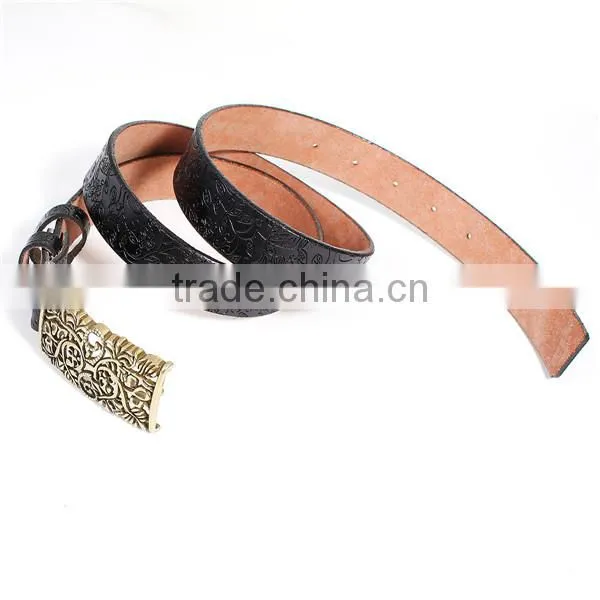 Cowhide Leather Belt Waistband Rectangle Antique Bronze Black Flower Leaves Carved photo-3