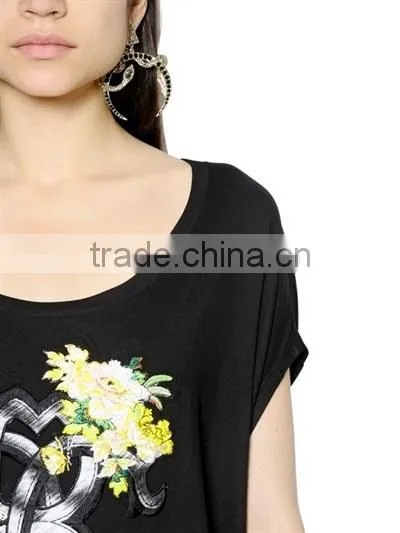 New Latest Design Floral Embroidery T-Shirts for Women,Top Quality Cotton Embroidery Short Sleeve T-shirts photo-5