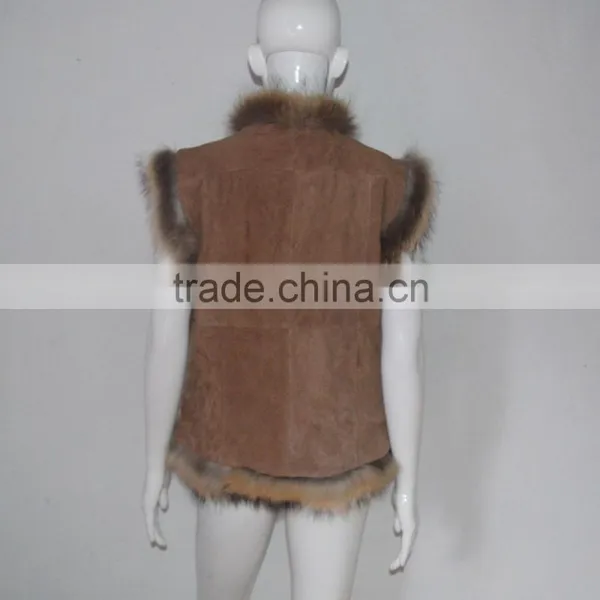 SJ185-01 UK Design Tongxiang Fur Big Raccoon Collar Suede Vests photo-5