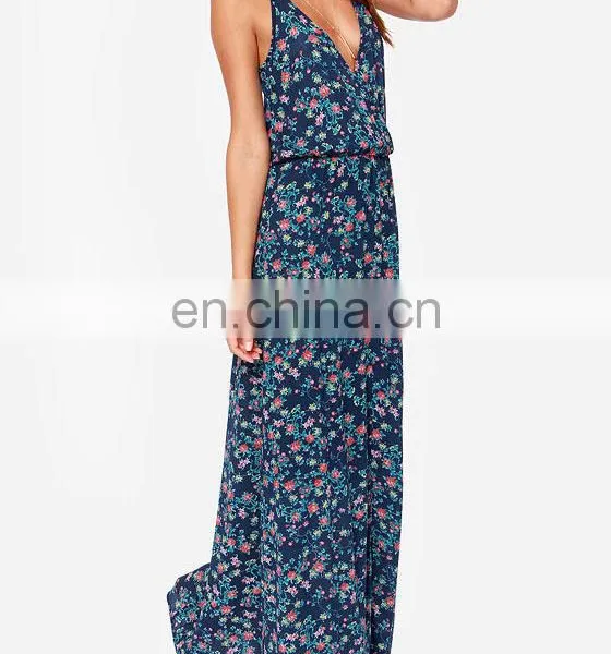 CHEFON Wrap Bodice Spaghetti Strap Printed Floral Maxi Dress Polyester Cotton Dress