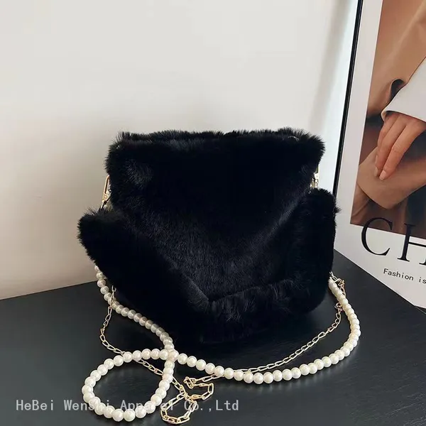 038Women's Bag Plush Shoulder Cross Bag Pearl Element Fashion Trend Women's Bag Plush Bag Fur Bag Lady