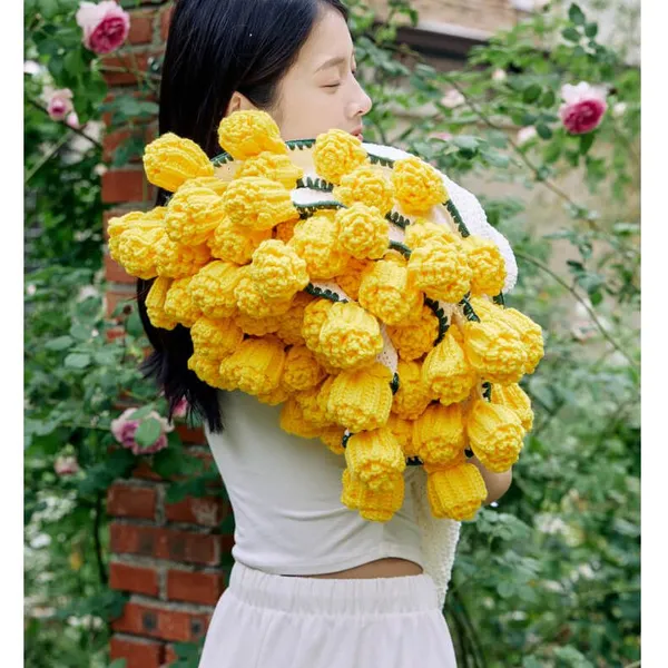 YELLOW ROSE CROCHET FLOWER BOUQUET BLANKET GIFT photo-3
