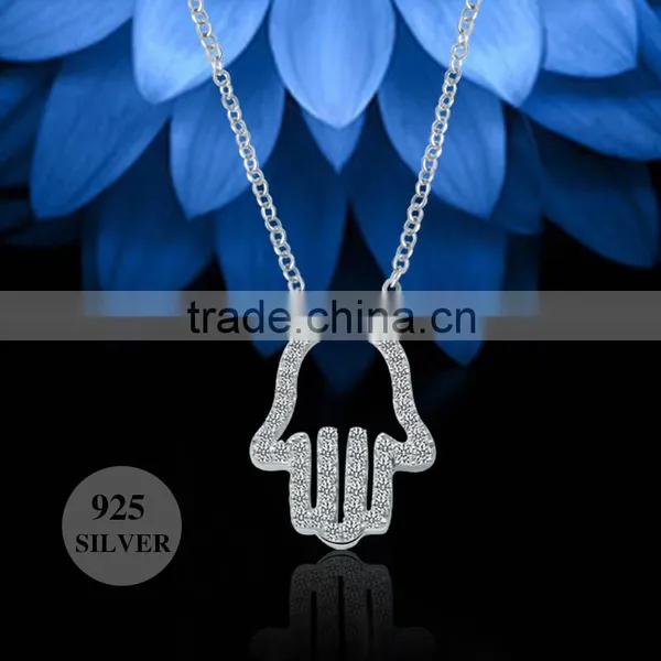 Sterling Silver Sparkling Cubic Zirconia Rhodium Plated Hamsa Hand Shaped Pendant Necklace