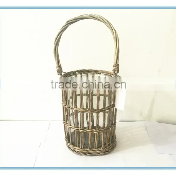Hot Sale Willow Round Bowl Candle Stand/hurricane With Round Glass