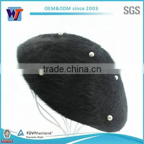 Wholesale Wool Black Pearl Beret Hat Cheap Lady Rhinestone Beret Cap