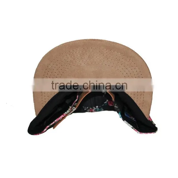 Floral 5 Panel Suede Brim Leather Snapback ,Custom All Over Print 5 Panel Hats,Custom Floral 5 Panel Snapback Hat Wholesale photo-3