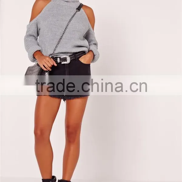 MGOO Custom Design Women Plain Knitwear Oversized Longline Ladies Sweater Chunky Cold Shoulder Jumper Grey photo-5