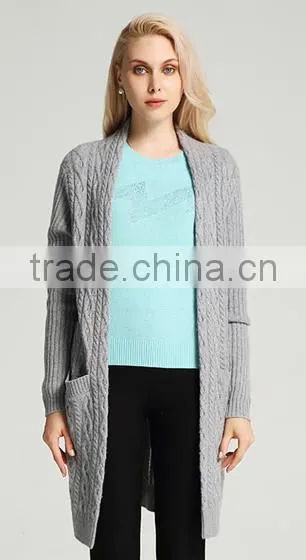 Women's Most Popular Gery Cable Knit Cashmere Sweater Cardigan With Side Pockets photo-3