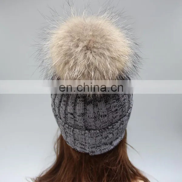 Winter Lady Knit Beanie Hat With Real Raccoon Fur Ball photo-4