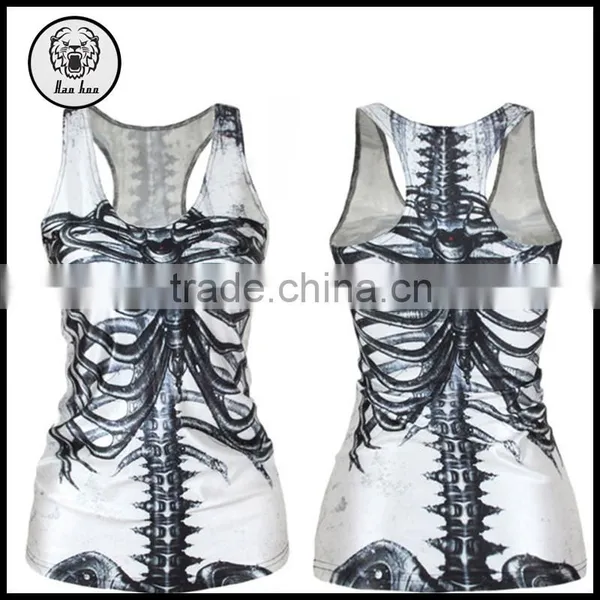Ladies Tops Latest Design 2015 Wholesale Skull Print Round Neck Black Tank Tops for Women