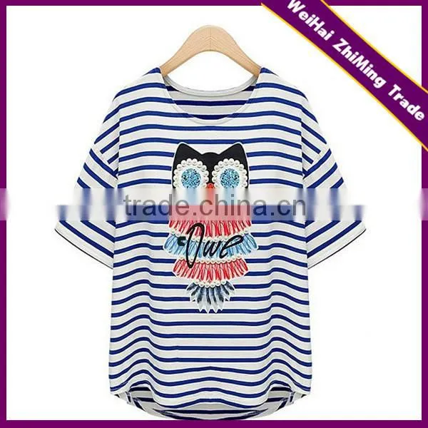 New Women in Europe and America Loose Cotton Short-sleeved Striped T-shirt Tops Beaded Owl