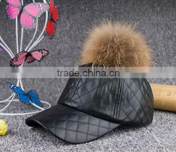 Fashion Plaid Sport Hat With Real Raccoon Fur Balls PU Leather Snapback Baseball Caps With Animal Fur Pompoms photo-6