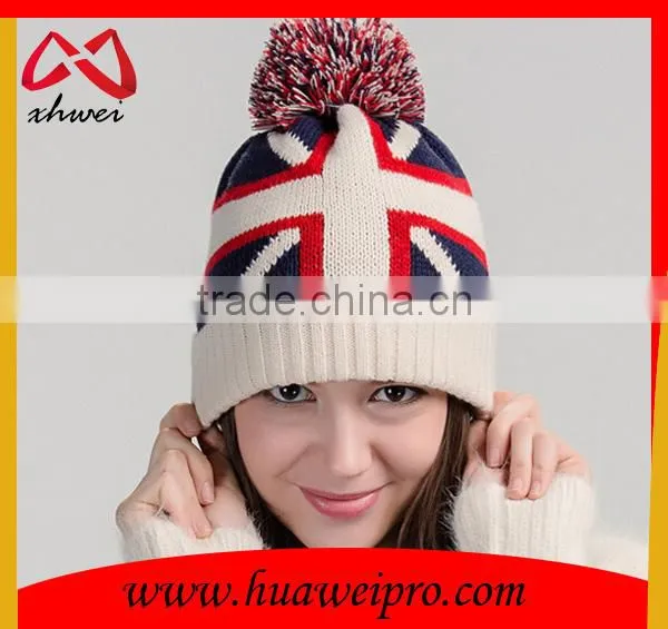 British National Flag Knitted Beanie With Pom Poms and Top Ball