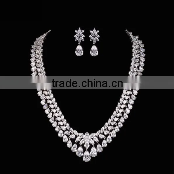 Platinum Plated Stylish Luxury Heavy Flower Bridal Necklace Set With AAA+ Cubic Zircon Micro Pave Setting for Women