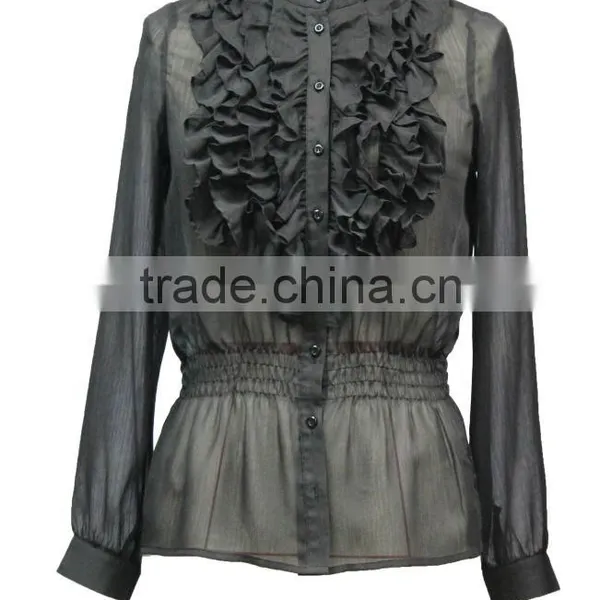 Good Quality Women Black Color Fashion Sheer Chiffon Blouse With Ruffle photo-2