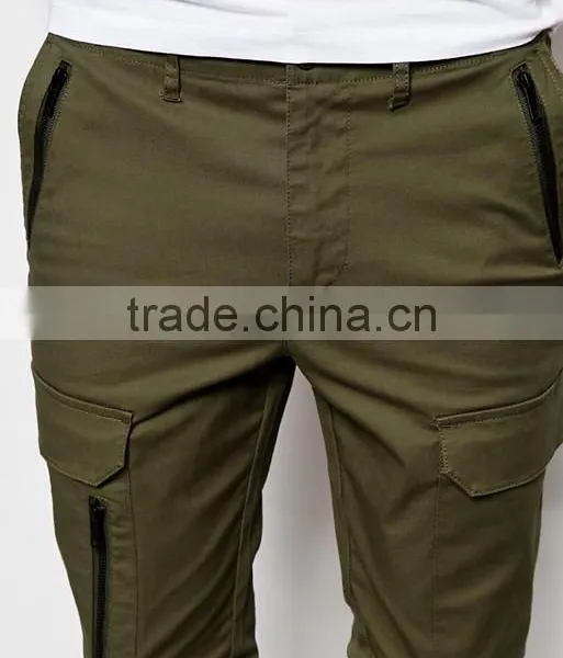 Custom 98% Cotton 2% Elastane Stretch Twill Functional Zip Cargo Pockets Zip Leg Opening Men's Green Casual Pants photo-3