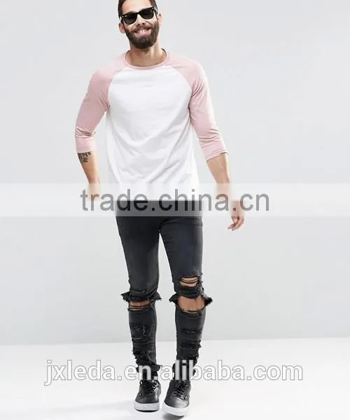 Men 100% Cotton Crew Neck Contrast Raglan 3/4 Sleeve T-shirt Wholesale Custom photo-4