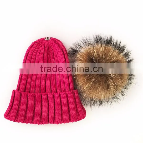 Myfur Hot Pink Ladies Winter Fashion Wool Knitting Hat With Dyed Raccoon Fur Bobble photo-3