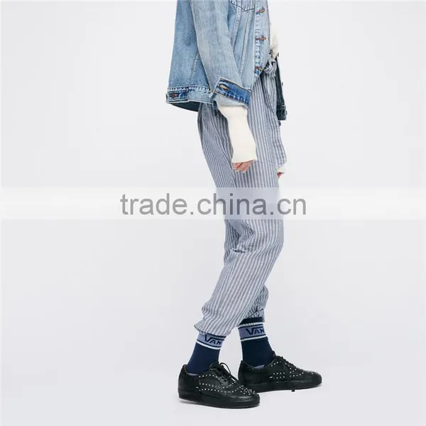 Ladies Navy Blue Jogger Pants Cotton-linen Wide Striped Trousers photo-2