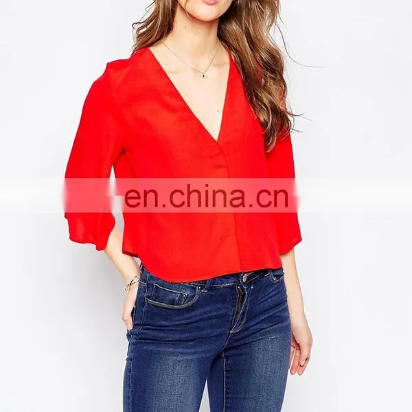 Cropped Cut Womens Clothing 2016 Long Sleeve Deep v Neck Red Blouses for Women photo-2
