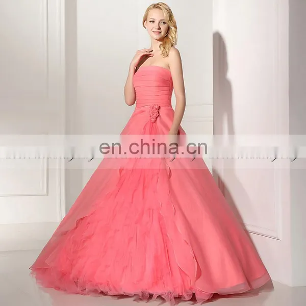 Gorgeous Strapless Sleeveless Lace-Up Organza Ruffles Coral Color Ball Gown Prom Dresses SD364 photo-3