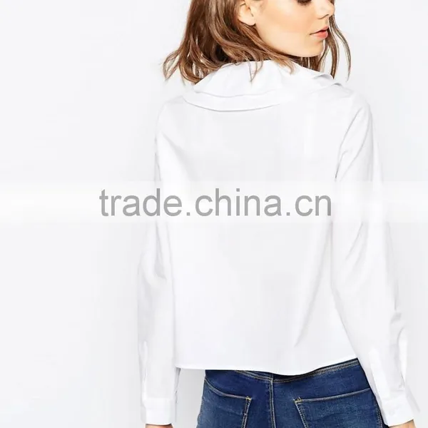 2016 Summer Long Sleeve Ladies Ruffle Neck White Shirt photo-2