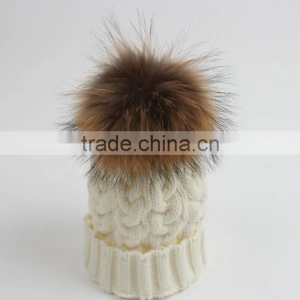 2015 New Designed Women Raccoon Fur Ball Twist Wool Hat Ladies Fashion Winter Knitted Warm Hats photo-4