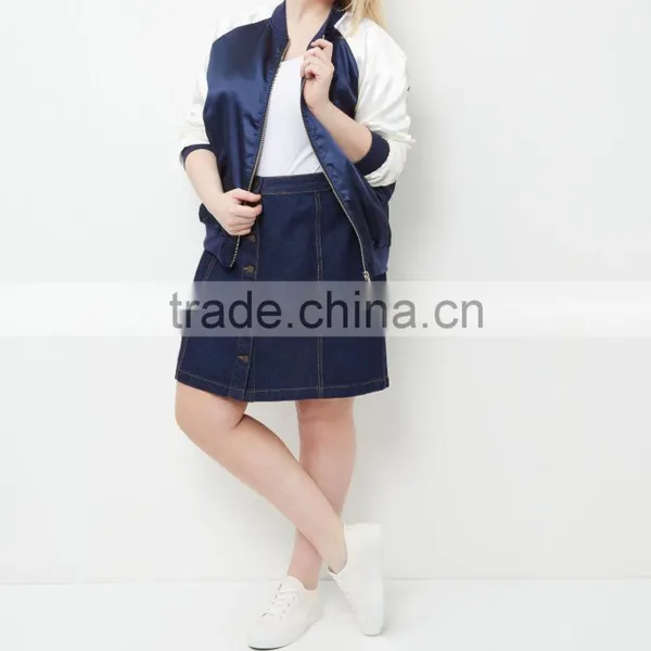 Plus Size Jackets 100% Polyester Blue Colour Block Zipper Bomber Jacket Women Plus Size Winter Coats With Raglan Sleeves photo-4