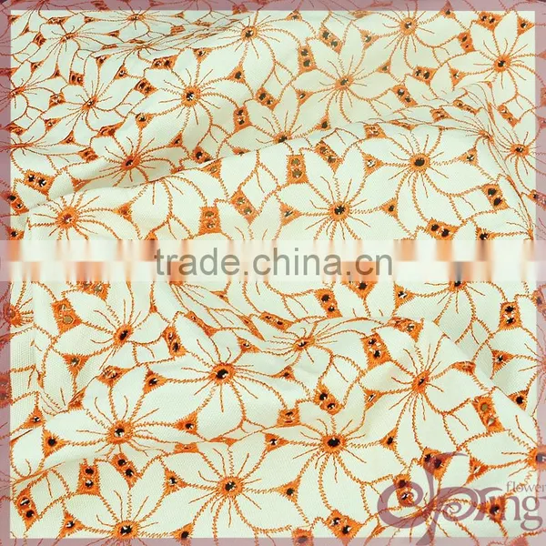 Orange All Over Flower Heavy Cotton Lace, Embroidery Design Fabric photo-3