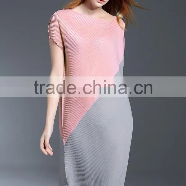 Women Pleat Trendy High Low Hem Design Sloping Shoulder Dress photo-2