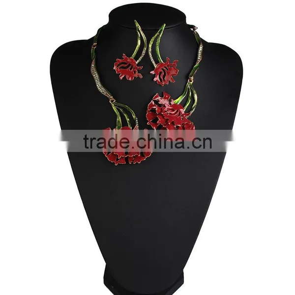 Big Brand New Design Metal Painting Carnations Necklaces Earrings Jewelry Sets for Women photo-4