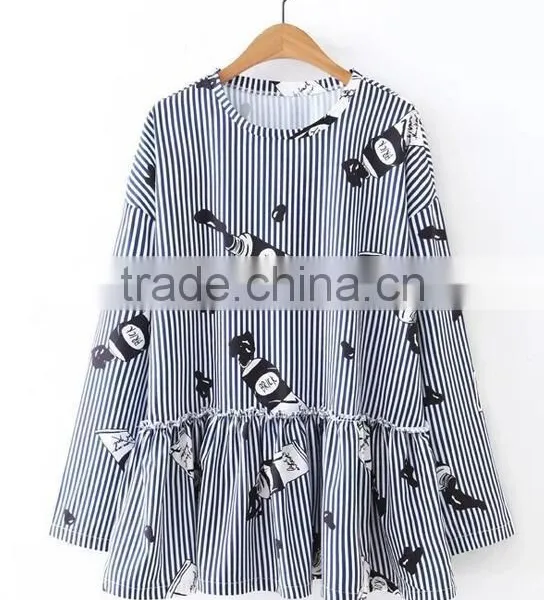 Runwaylover EY2374B Latest Designs Women Formal Blouse Blue Stripe Crane Print Animal Print Drop Shoulder 3/4 Sleeve Blouse photo-3