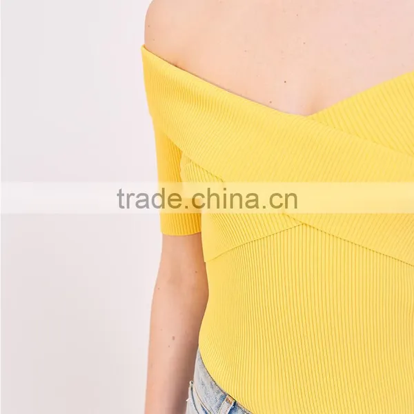 Elasticated Knit Crossover Shape V-neck Short Sleeves Strapless Tank photo-5