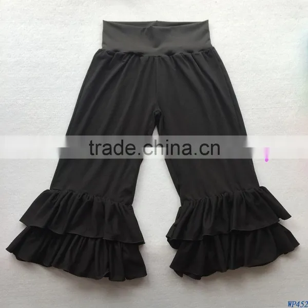 Bulk Wholesale Ladies Trousers Casual Young Women Black Ruffled Capris Pants With Fabric Waist WP452