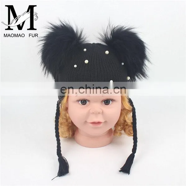 Wholesale Double Raccoon Fur Poms Cap Kids Hat With Fur Pom Pom photo-2