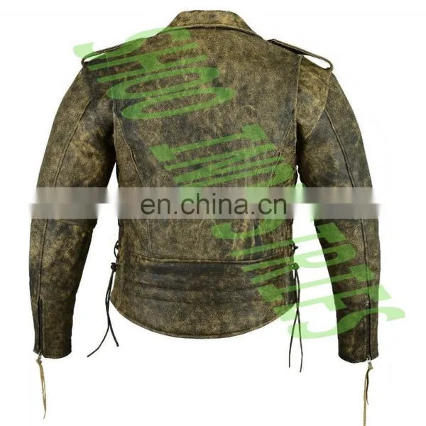 Men's Black Leather Motorcycle Biker Jacket With Zip Out Lining and Side Laces photo-5