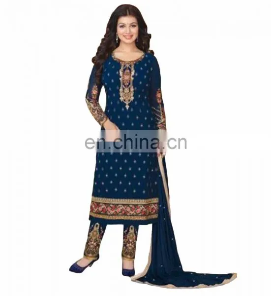 Woman's Blue Casual Party Wear Heavy Embroidery Georgette Semi-Stitched Suits 2017 Collection (salwar Kameez Suit)