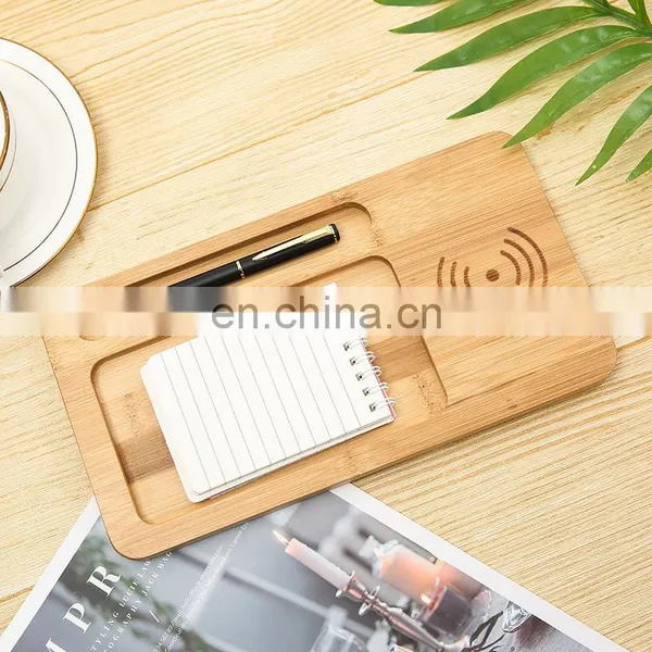 New Notebook 3in1 Wireless Fast Charging Tray Mobile Phone Stand Dock Holder Pen Slot Bamboo Office Table Organizer Set photo-2