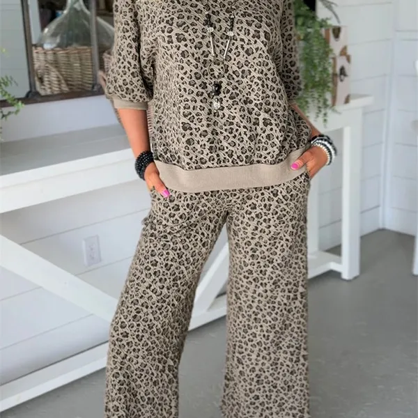 Red Stripe Pullover Hoodie Ribbed Solid Pants 2pcs Set Outfit Gray Leopard Print Raw Seam Patchwork Pullover Drawstring Loose Pant Set Wholesale photo-2