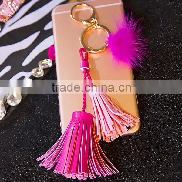 Charm Mink Fur Ball Leather Tassel Handbag Cell Phone Car Keychain photo-6