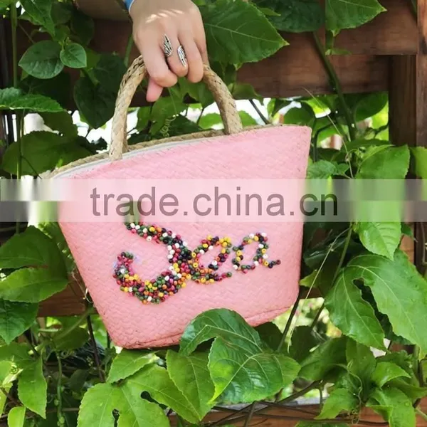 Eco-friendly Short Handle, Pink Baby Straw Woven Beach Bag, Tote Bag Beach photo-3